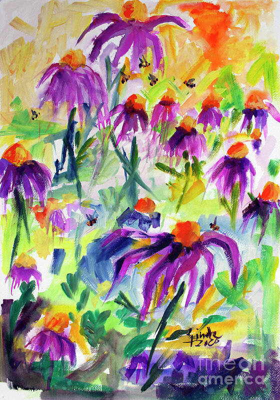 Echinecea Art Print featuring the painting Echinecea Flowers and Bees Watercolors by Ginette Callaway