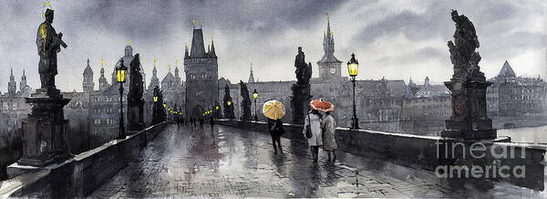 Prague Art Print featuring the painting BW Prague Charles Bridge 05 by Yuriy Shevchuk