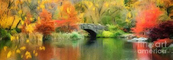 Bridge Art Print featuring the digital art Stone bridge on an autumn day by Amy Cicconi
