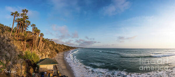 Beach Art Print featuring the photograph A Panoramic View of Swami's Beach with Cliffs at Sunset by David Levin