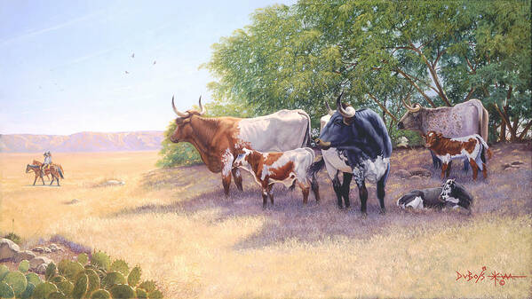 Longhorns Art Print featuring the painting The Lookers by Howard Dubois
