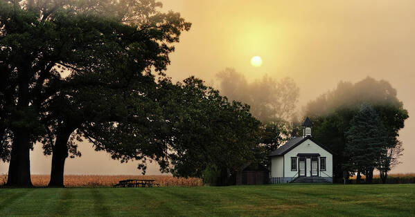 Cooksville Art Print featuring the photograph Foggy Memories - Cooksville WI Schoolhouse in foggy fall sunrise by Peter Herman