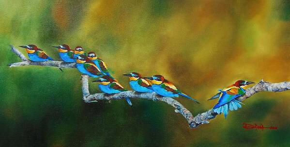 Birds Art Print featuring the painting European Bee Eaters by Dana Newman