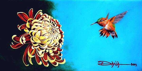 Birds Art Print featuring the painting Allen's Hummingbird and Chrysanthemum by Dana Newman