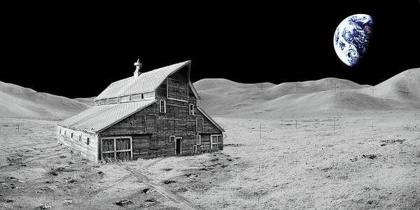 Apollo Art Print featuring the photograph Earthrise over a Dakota Moonstead - ND barn relocated to Apollo 15 landing site on moon by Peter Herman