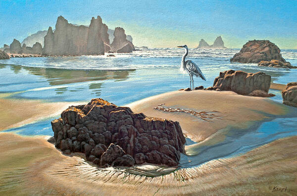 Seascape Art Print featuring the painting Coast with Great Blue Heron by Paul Krapf