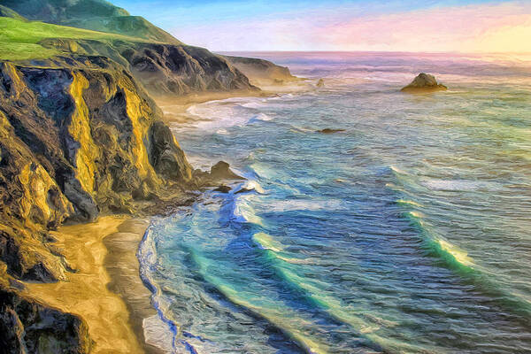 Sunset Art Print featuring the painting Golden Sunset at Big Sur by Dominic Piperata