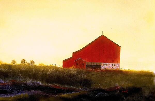 Barn Art Print featuring the painting Red Barn on the Rocks by William Renzulli