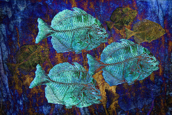 Fossil Fish Art Print featuring the digital art School of Fossil Fish by Sandra Selle Rodriguez