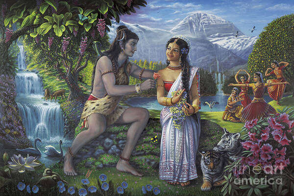 Shiva Cards Art Print featuring the painting Shiva and Parvati by Vishnudas Art
