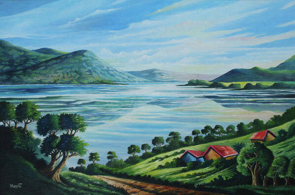 Forest Art Print featuring the painting Homes by the Lake by Anthony Mwangi