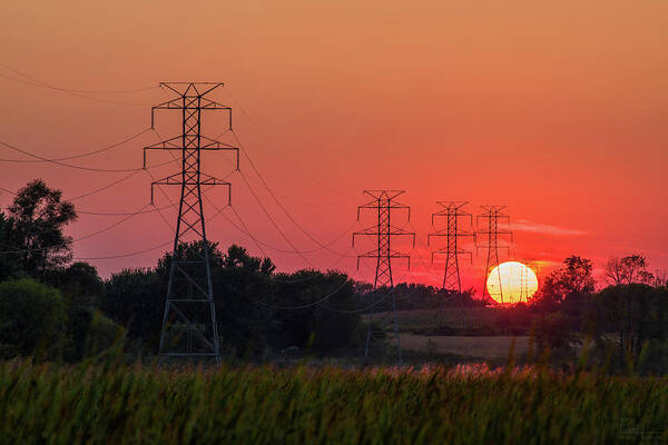 Sun Sunset Power Electricity Power Lines Landscape Marsh Cattails Horizontal Orange Green Yellow Art Print featuring the photograph Solar Power by Peter Herman