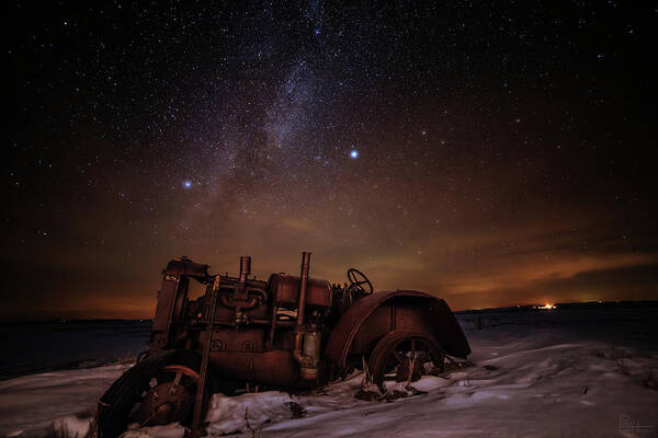 Astro Landscape Scenic Stars Milky Way Winter Antique Tractor Nd Night Night Sky Art Print featuring the photograph The Witness by Peter Herman