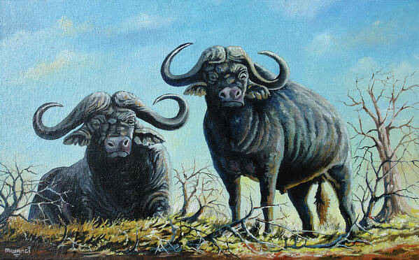 Buffalo Art Print featuring the painting Tough Guys by Anthony Mwangi