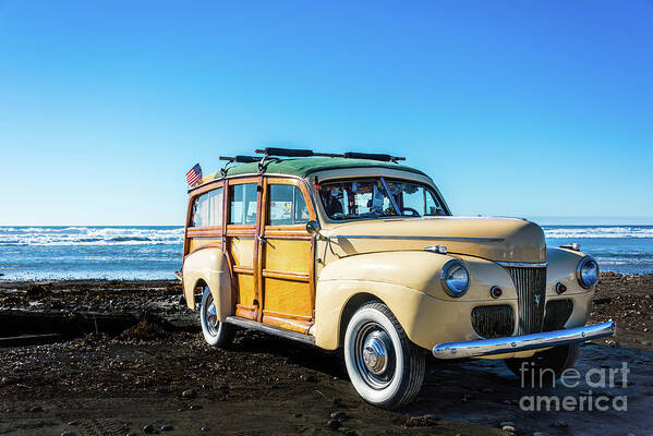 Beach Art Print featuring the photograph Woodie Parked on Cardiff-by-the-Sea Beach by David Levin