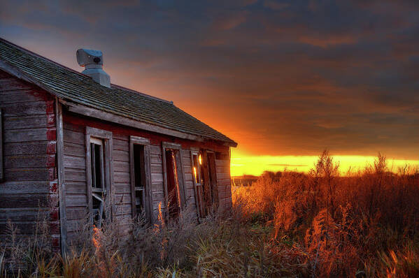 Abandoned Sunrise Chicken Coop Forgotten Golden Farm Farming Vintage Nd Rural Glowing Sunset Art Print featuring the photograph Chicken Coop Sunrise - Abandoned Stensby Homestead in ND by Peter Herman