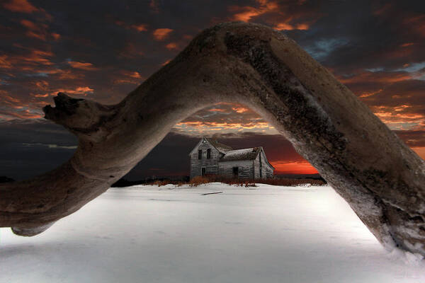 Abandoned Farm Farmstead Deadwood Frozen Tree Ice Snow Winter Cold Blue Scenic Landscape Prairie Winter Freezing Sunset Sunrise Arch Devils Lake Frost Desolate Deserted Art Print featuring the photograph Deadwood Arch Above Abandoned Farm #2 by Peter Herman