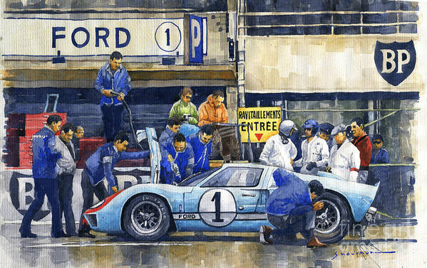 Shevchukart Art Print featuring the painting 1966 Le Mans 24 Pit Stop Ford GT40 MkII Ken Miles Denny Hulme by Yuriy Shevchuk