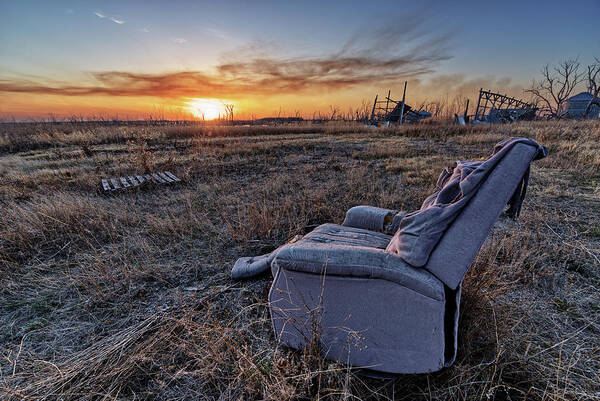 Abandoned Art Print featuring the photograph Abandoned Recliner Sunset - sunset at an abandoned farm homestead in ND by Peter Herman