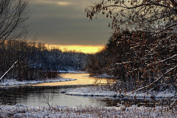 Yahara Art Print featuring the photograph Cold Gold at the Yahara - golden sunrise above a snow-decorated Yahara River by Peter Herman