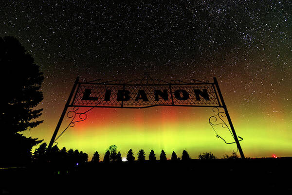 Lutheran Art Print featuring the photograph Aurora Borealis at the Lebanon Church cemetery in Benson County ND by Peter Herman