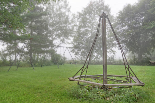 Swingset Art Print featuring the photograph Playground Memories - swings and witches-hat merry go round at Cooksville WI schoolhouse in fog by Peter Herman