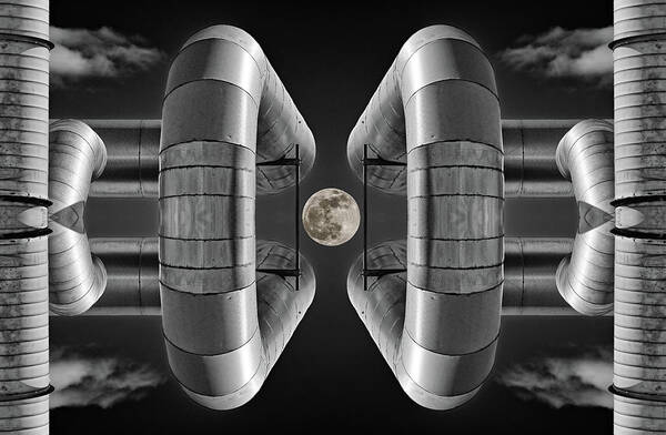 Lunar Art Print featuring the photograph Lunaroyal - mirrored Uniroyal Building Industrial ductting with full moon - wide version by Peter Herman