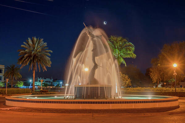 Wayne King Photography Art Print featuring the photograph Moon over the Sailfish Fountain by Wayne King
