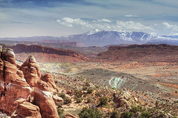 Arches Art Print featuring the photograph Road Trip -La Sal range from Fiery Furnace overlook at Arches National Park in Utah near Moab by Peter Herman