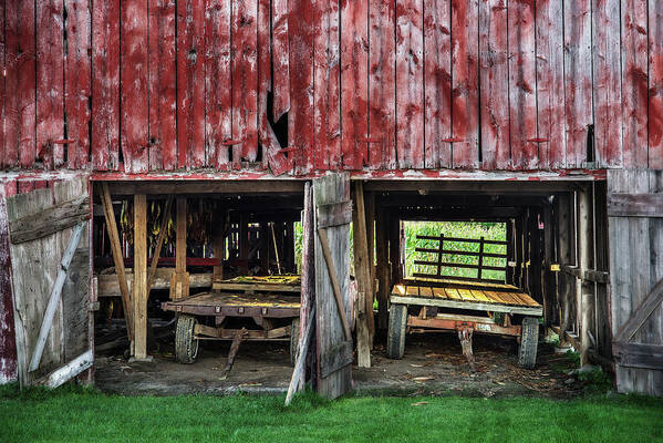 Tobacco Art Print featuring the photograph Seeing Double - tobacco shed with two wagons near Stoughton Wisconsin by Peter Herman