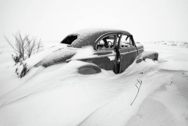 1947 Art Print featuring the photograph Snow Cruiser - 1947 Chevy Coup in a ND snow scene - black and white conversion by Peter Herman
