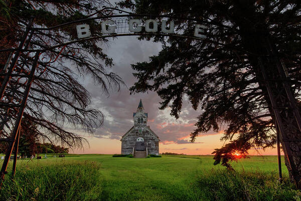 Church Art Print featuring the photograph Sunset on the Big Coulee #2 Church - Abandoned Rural ND Lutheran church by Peter Herman