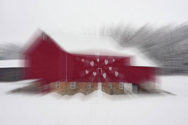 Icm Art Print featuring the photograph The Love Barn - Red Wisconsin barn decorated with hearts with zoom motion by Peter Herman