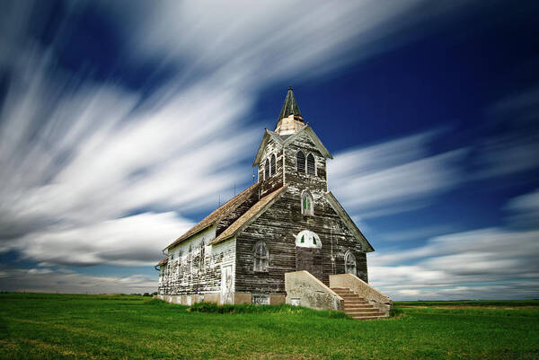 Big Coulee Lutheran Art Print featuring the photograph Time Flying By - Clouds racing by above the Big Coulee Lutheran Church by Peter Herman