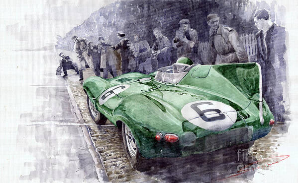 Watercolor Art Print featuring the painting Jaguar D-TYPE 1955 Le Mans by Yuriy Shevchuk