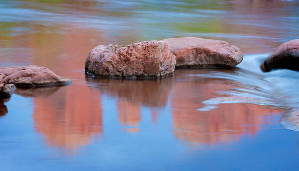 Red Rocks Art Print featuring the photograph Creek Rocks with Cathedral Rock Reflection by Bob Coates