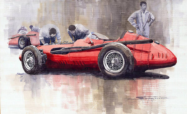 Watercolour Art Print featuring the painting Final check before the start Maserati 250 F 1957 by Yuriy Shevchuk