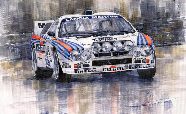 Watercolor Art Print featuring the painting Lancia 037 Martini Rally 1983 by Yuriy Shevchuk