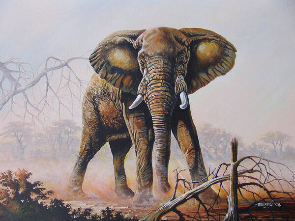 Lone Bull Art Print featuring the painting Dusty Jumbo by Anthony Mwangi