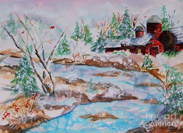 Red Barn Art Print featuring the painting Red Barn in Winter by Ellen Levinson