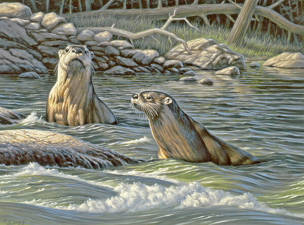 Wildlife Art Print featuring the painting Up for Air - river otters by Paul Krapf