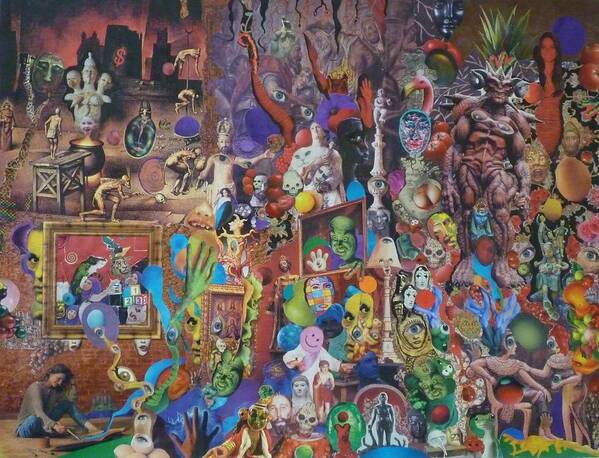 Collage Art Print featuring the mixed media An Artist Contemplates Good and Evil by Douglas Fromm