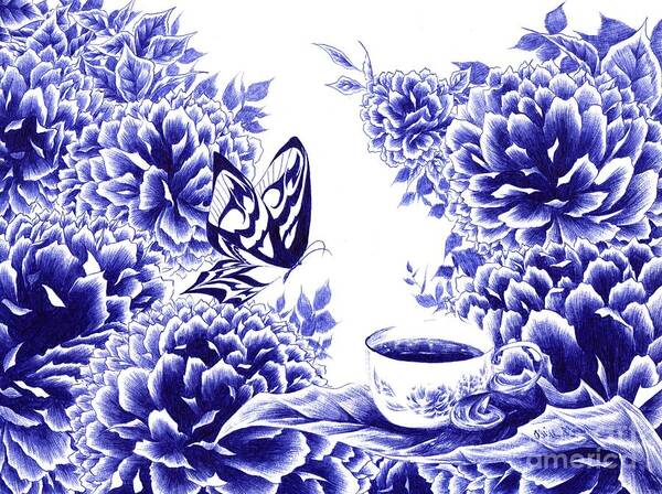 Butterfly Art Print featuring the drawing Butterfly Teatime by Alice Chen