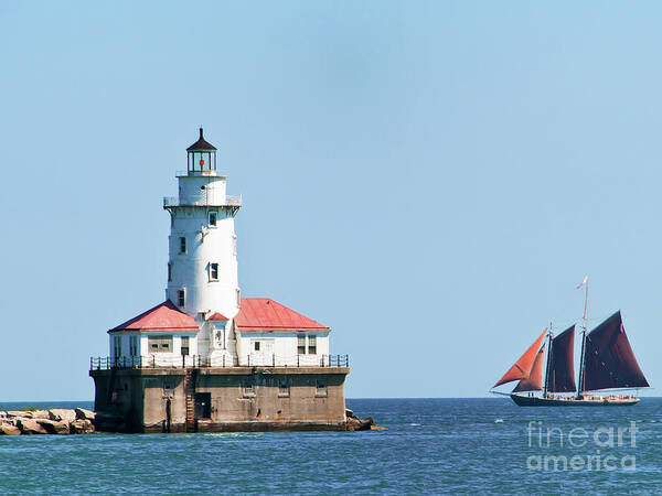 Boats Art Print featuring the photograph Chicago Harbor Lighthouse and a Tall Ship by David Levin