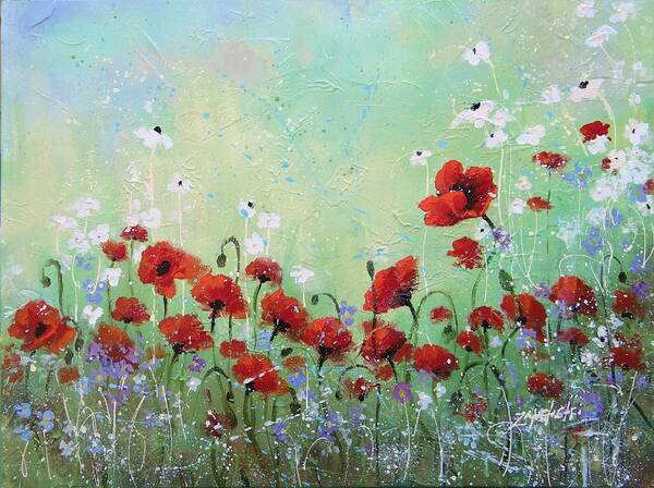 Poppies Art Print featuring the painting Field of Imagination two by Laura Lee Zanghetti