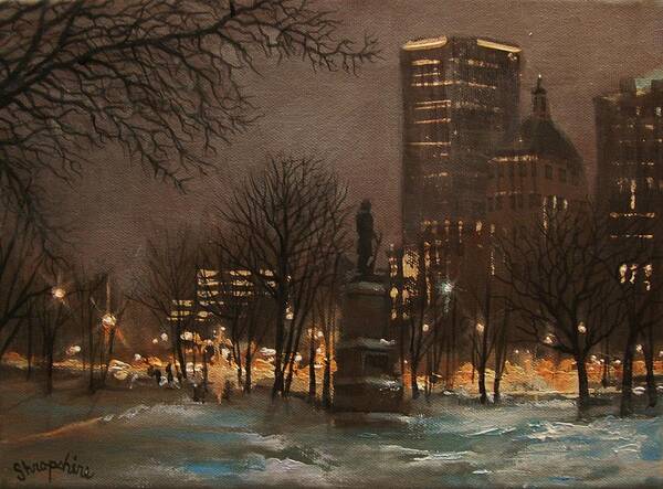 City At Night Art Print featuring the painting Juneau Park Milwaukee by Tom Shropshire
