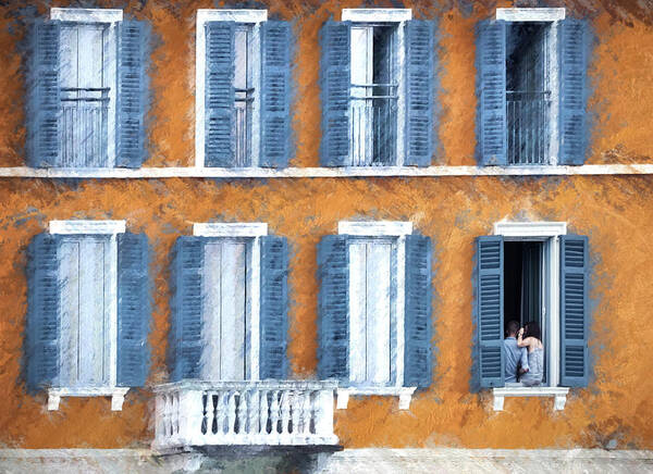 Window; Argegno; Couple; Romantic; Lake Como; Lago_di_como; Village; Lario; Italy; Northern Italy; Shutters Art Print featuring the photograph Look Through Any Window by Jim Hill