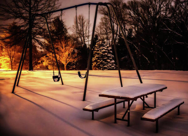Snow Night Playground Picnic Table Tranquil Dark Nightime Stoughton Wi Wisconsin Wintertime Winter White Fresh Quiet Swingset Art Print featuring the photograph Powdered Playground by Peter Herman