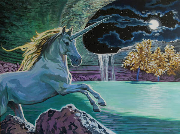 Fantasy Art Print featuring the painting Unicorn Lake by Tommy Midyette