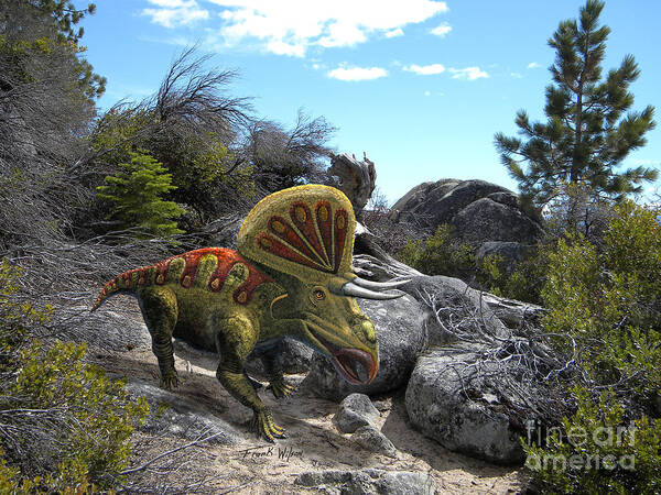 Dinosaur Art Art Print featuring the mixed media Zuniceratops Among Rocks by Frank Wilson